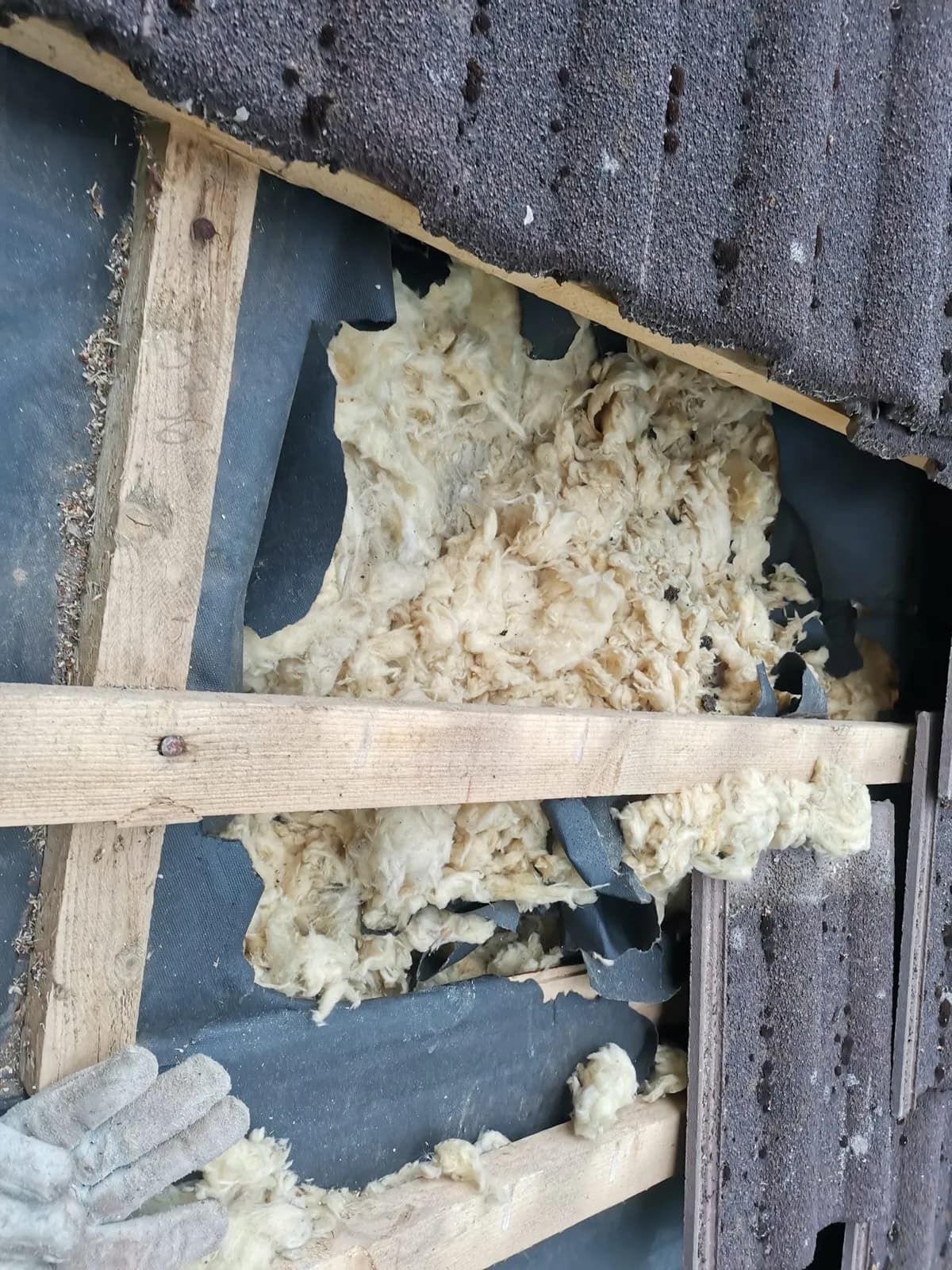 Původní sesedlá a poškozená izolace pod střešní krytinou